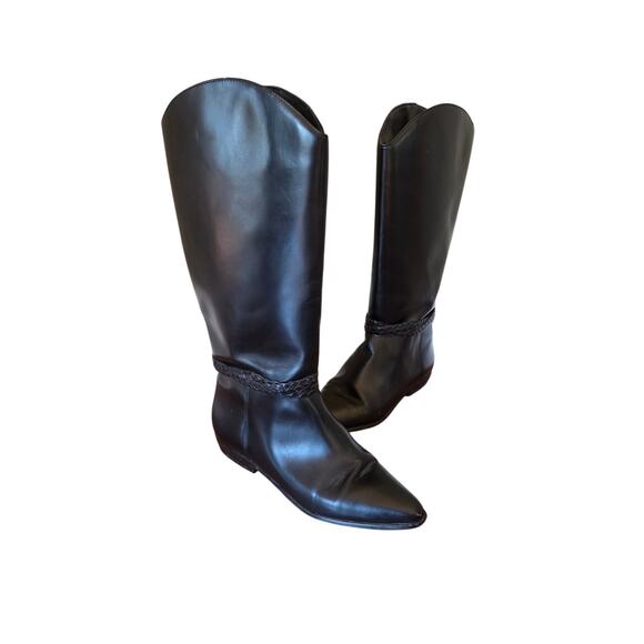 Vintage Brazilian leather tall boots pull on 1980s braided belt pointed toe 9 - Picture 1 of 8